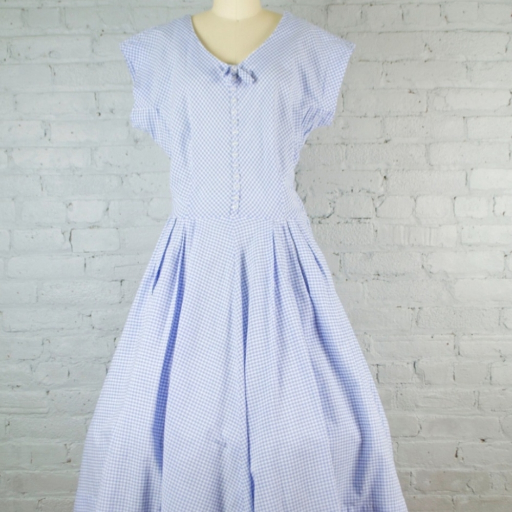 1950s Style White Blue Checkered Dress
